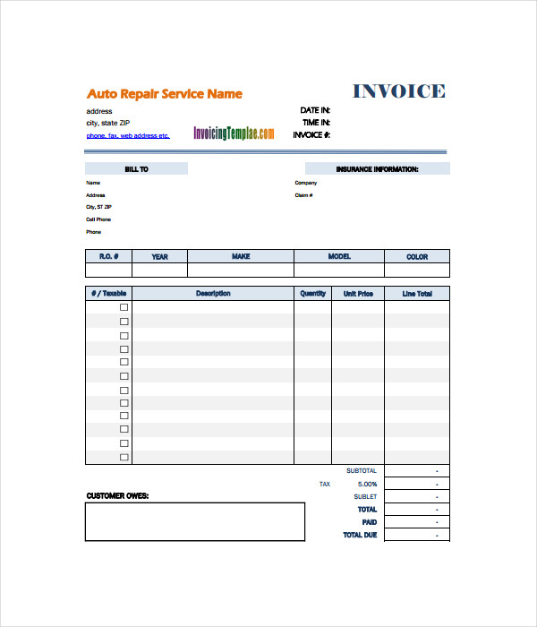 Blank Printable Auto Repair Invoice